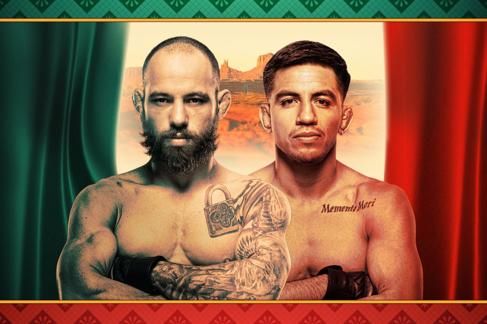 Arte oficial de Noche UFC 2026 con Jean Silva y José Miguel Delgado sobre los colores de la bandera de México